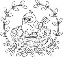 A coloring page of a small bird sitting in a nest vector