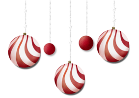 Three red and white christmas balls hanging from strings png