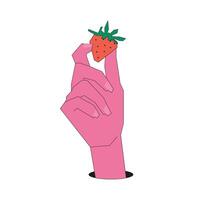 Illustration hand hold strawberry retro unique design with blank backg vector