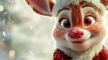 dessin animé 3d cerf avec une rouge nez est souriant. le cerf est portant une rouge chandail et il est profiter le Noël saison video