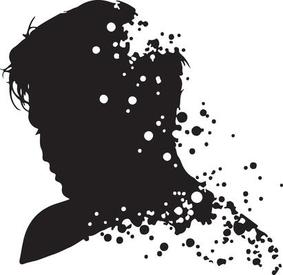 A silhouette of a man's face with dots and splatters