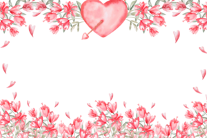 Rectangular frame with heart and flowers. Isolated watercolor illustration for design of cards, invitations, Valentine's Day decorations, poster and fabric printing. png