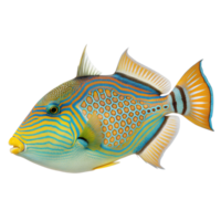 A brightly patterned triggerfish with geometric markings swimming. Isolated on a transparent background png