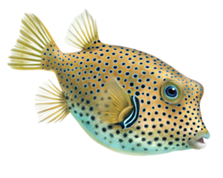 Illustration of A cube-shaped spotted boxfish with polka dots and small, fluttering fins. isolated on a transparent background png