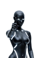 a figure in a futuristic, black, form-fitting suit with glowing white accents, pointing forward with its index finger png