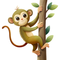 Illustration style cartoon, monkey clinging to a tree isolated on a transparent background png
