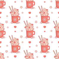 Seamless pattern with Festive cup with Hot Cocoa with Marshmallows hearts png