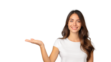 girl presenting product, pretty girl holding invisible product on hand isolated on transparent background png