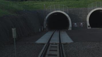 A railway track leads into a circular tunnel reinforced with concrete, surrounded by grassy terrain and trees. Ideal for transportation, infrastructure, and railway projects. video