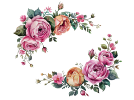 pink and peach roses are arranged in a circular pattern, complemented by green leaves and small blossom cutouts png