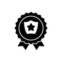 A black medal icon features a star within a shield at its center, surrounded by a scalloped edge and ribbons cutouts png