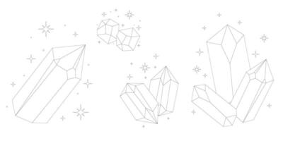 Crystal thin line set. Simple celestial gemstone magical crystal black contour symbol. Witchy. vector