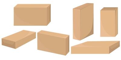 Detailed illustrations of cardboard boxes, showing realistic front and side views of craft-style delivery packages. vector