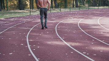 Back view of a man jogging on the stadium. Young athlete practices running outside on athletics track in autumn. video