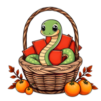 Cartoon Green Snake In A Basket Of Chinese Red Packets png