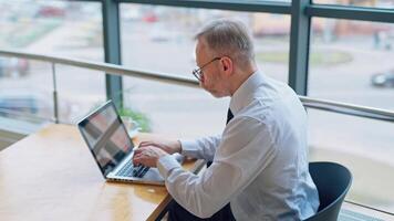 Side view of businessman working on a computer. Mature man is typing on the laptop in the office on the city background through the window. video