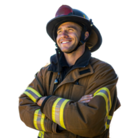 retrato do bonito fogo lutador dentro uniforme sorridente, isolado em transparente fundo, pessoas às trabalhar, profissional png