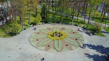 Beautiful park in the city center. Natural view of a park with people walking. Urban background with buildings. Camera moves rising up. Aerial view. video