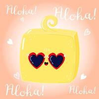 A cartoon cube with sunglasses and the words aloha vector