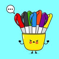 Angry Multi-colored pens character. hand drawn cartoon kawaii character illustration icon. Isolated on blue background. Sad Multi-colored pens character concept vector
