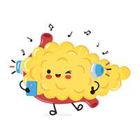 Pancreas listens to music on headphones with a smartphone. hand drawn cartoon kawaii character illustration icon. Isolated on white background. Pancreas character concept vector