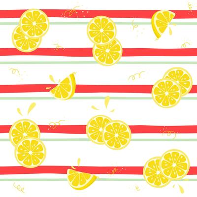 Fresh tropical fruits, lemon. Seamless fruit background for fabric and printing. Children's drawing, cartoon style on a striped background