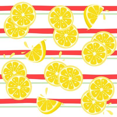 Fresh tropical fruits, lemon. Seamless fruit background for fabric and printing. Children's drawing, cartoon style on a striped background
