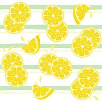 Fresh tropical fruits, lemon. Seamless fruit background for fabric and printing. Children's drawing, cartoon style on a striped background. vector