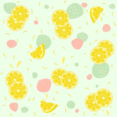 Fresh tropical fruits, lemon. Seamless fruit background for fabric and printing. cartoon style with abstracts shape on green background.