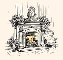 Fire in the fireplace line art color sketch engraving illustration. T-shirt apparel print design. Scratch board imitation. Black and white hand drawn image. vector