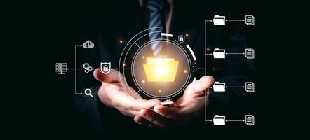 DMS, Document security concept. Document management system, Data encryption. Online documentation database and digital file storage. Log in to file access in the cloud computing system network. photo