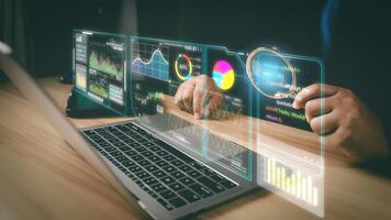 Graph Analyst working with Business, Concept digital transformation technology strategy, Analytics and Data Management System on computer, make a report with KPI and metrics connected to database. photo