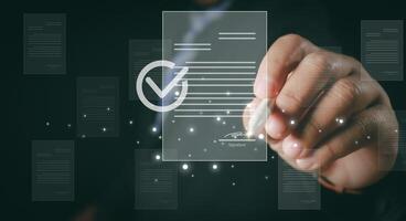 Checklist business performance monitoring concept, Business using tablet online survey filling out check digital form task, online survey question form, target marketing planning with quality control photo