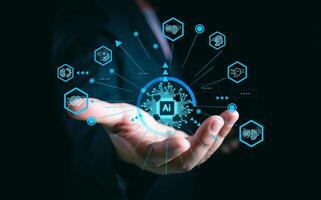Ai technology, Artificial Intelligence. man using technology smart robot AI, artificial intelligence by enter command prompt for generates something, Futuristic technology transformation. Chat with Ai photo