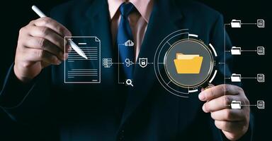 DMS, Document security concept. Document management system, Data encryption. Online documentation database and digital file storage. Log in to file access in the cloud computing system network. photo