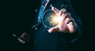 Ai technology, Artificial Intelligence. man using technology smart robot AI, artificial intelligence by enter command prompt for generates something, Futuristic technology transformation. Chat with Ai photo
