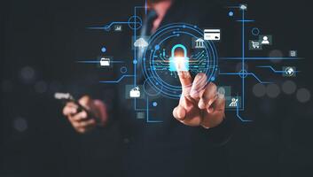 Cybersecurity concept, user privacy security and encryption, secure internet access Future technology and cybernetics, screen padlock. Internet network data protection, anti hacker, cybercrime photo