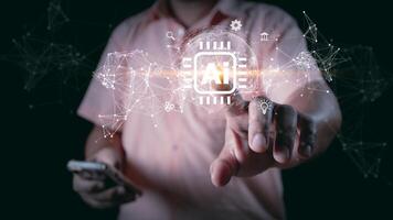 Ai technology, Artificial Intelligence. man using technology smart robot AI, artificial intelligence by enter command prompt for generates something, Futuristic technology transformation. Chat with Ai photo