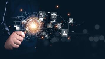 Cybersecurity concept, user privacy security and encryption, secure internet access Future technology and cybernetics, screen padlock. Internet network data protection, anti hacker, cybercrime photo