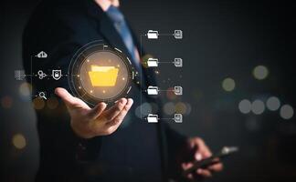 DMS, Document security concept. Document management system, Data encryption. Online documentation database and digital file storage. Log in to file access in the cloud computing system network. photo