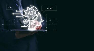 Ai technology, Artificial Intelligence. man using technology smart robot AI, artificial intelligence by enter command prompt for generates something, Futuristic technology transformation. Chat with Ai photo
