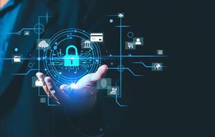 Cybersecurity concept, user privacy security and encryption, secure internet access Future technology and cybernetics, screen padlock. Internet network data protection, anti hacker, cybercrime photo