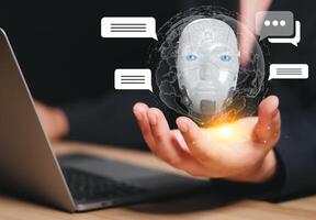 Ai technology, Artificial Intelligence. man using technology smart robot AI, artificial intelligence by enter command prompt for generates something, Futuristic technology transformation. Chat with Ai photo