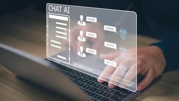 Ai technology, Artificial Intelligence. man using technology smart robot AI, artificial intelligence by enter command prompt for generates something, Futuristic technology transformation. Chat with Ai photo