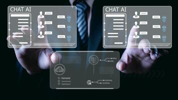 Ai technology, Artificial Intelligence. man using technology smart robot AI, artificial intelligence by enter command prompt for generates something, Futuristic technology transformation. Chat with Ai photo