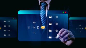 DMS, Document security concept. Document management system, Data encryption. Online documentation database and digital file storage. Log in to file access in the cloud computing system network. photo