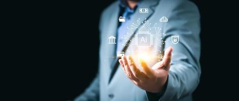 Ai technology, Artificial Intelligence. man using technology smart robot AI, artificial intelligence by enter command prompt for generates something, Futuristic technology transformation. Chat with Ai photo