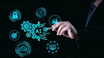 Ai technology, Artificial Intelligence. man using technology smart robot AI, artificial intelligence by enter command prompt for generates something, Futuristic technology transformation. Chat with Ai photo