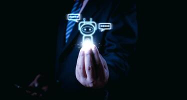 Ai technology, Artificial Intelligence. man using technology smart robot AI, artificial intelligence by enter command prompt for generates something, Futuristic technology transformation. Chat with Ai photo