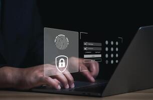 Cybersecurity concept, user privacy security and encryption, secure internet access Future technology and cybernetics, screen padlock. Internet network data protection, anti hacker, cybercrime photo